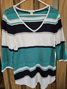 Westbound Sz XL Striped V-Neck Knit Top in Teal, Navy & White